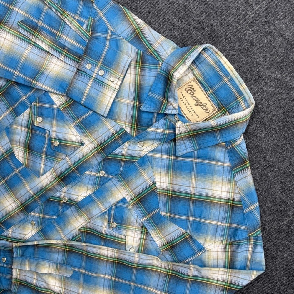 Wrangler Western Snap Shirt Blue Plaid Pearl Snap Long Sleeve Large Vintage Y2K